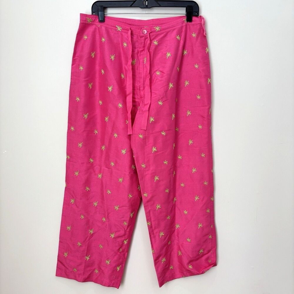 Debra DeRoo 100% Silk Hot Pink Pants Women M Gold Embroidered Vtg Retro Bold
